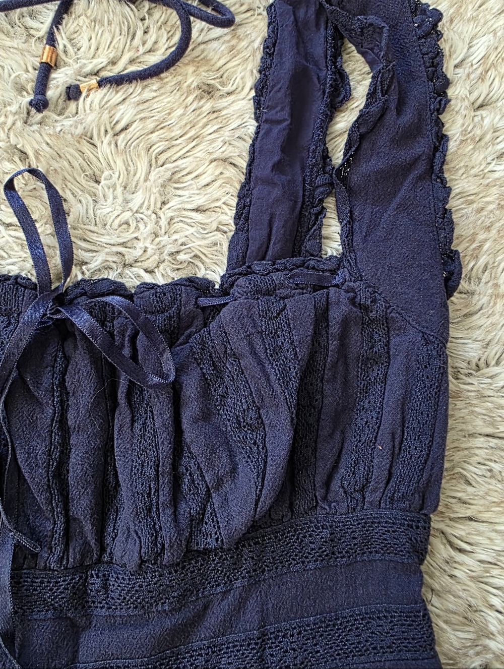 Free People Moon‎ Eyes Midi Dress Navy Blue Sleeveless Lace Trim Women's - Picture 6 of 14
